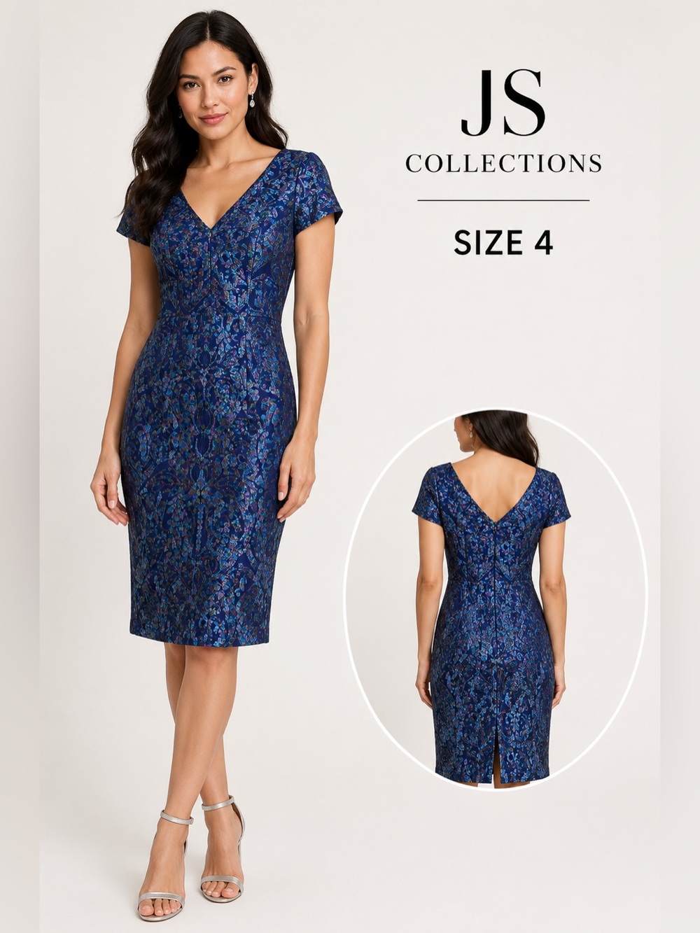 JS Collections Size 4 Blue Multicolor Embroidered Lace Sheath Dress